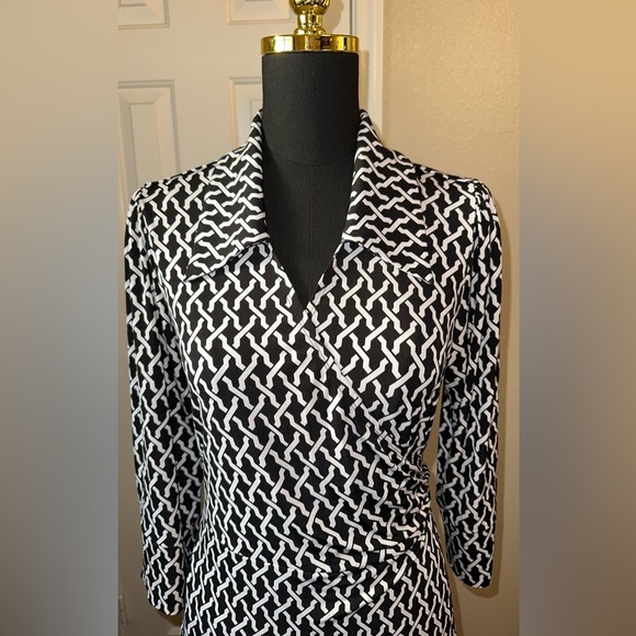 Laundry by Shelli Segal Black White Wrap Dress Size L Stretch Knit Long Sleeve - Picture 2 of 9